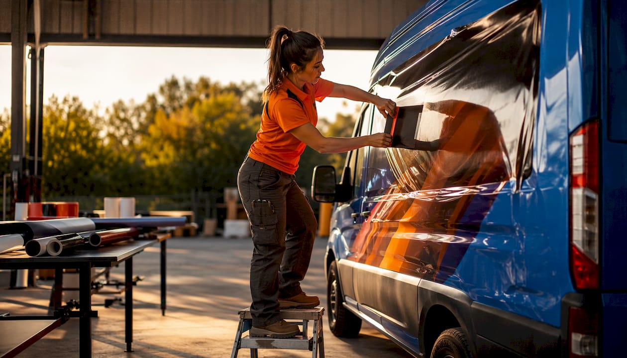 Installer applying wrap vinyl on cargo van