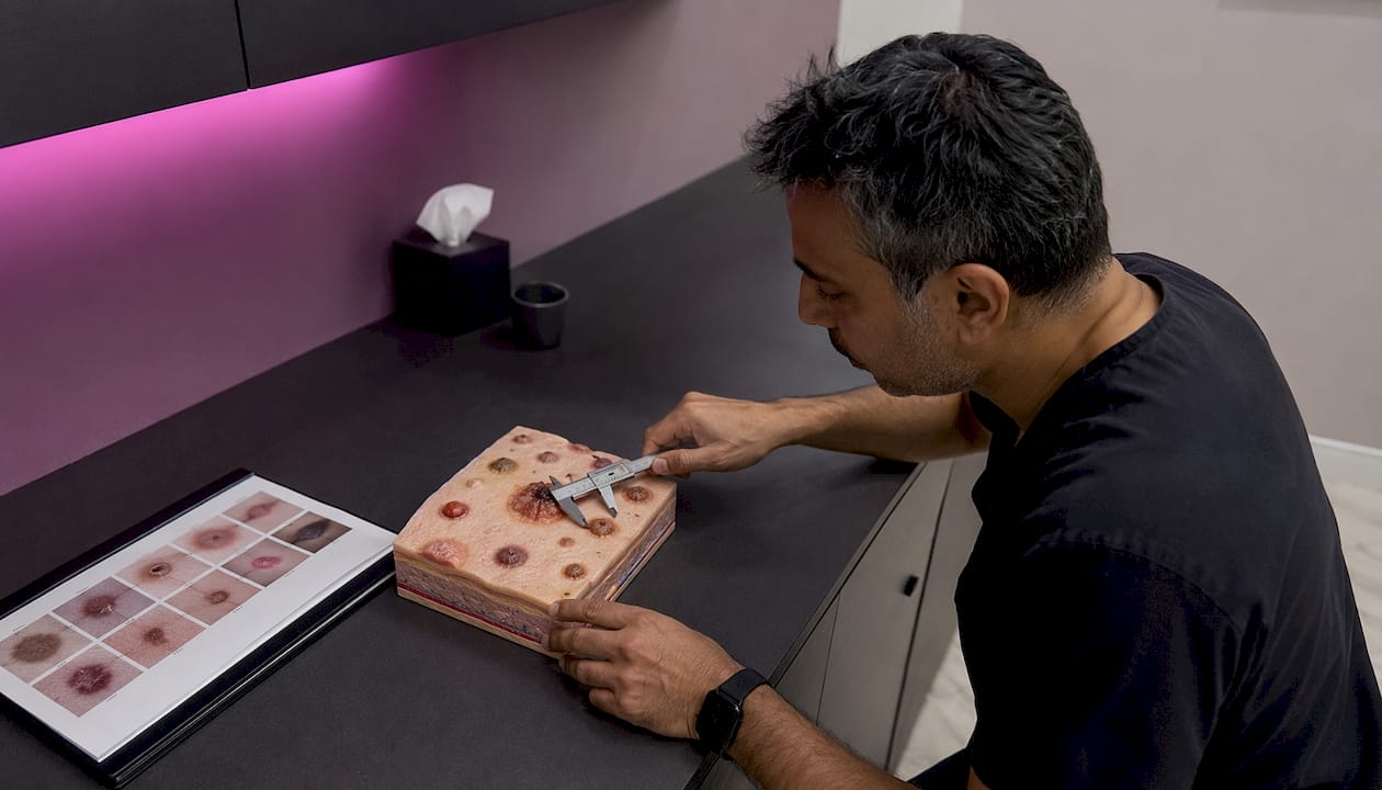 Hands measuring skin lesion model