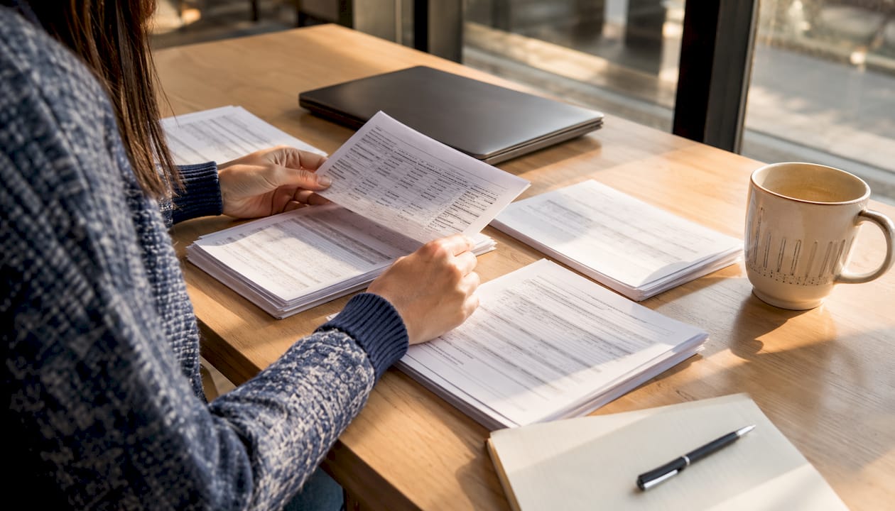 Hands organizing medical billing code papers