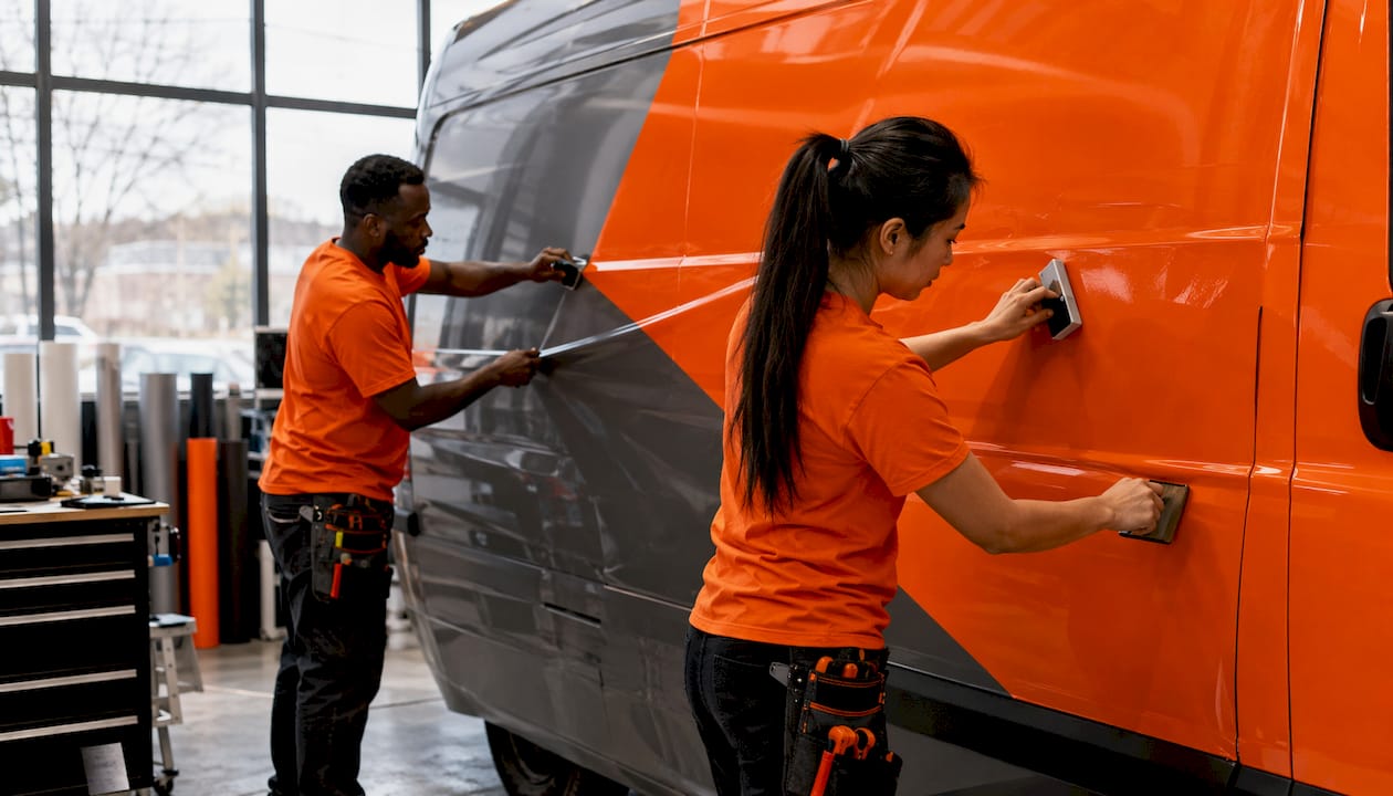 Technicians applying vinyl wrap outdoors