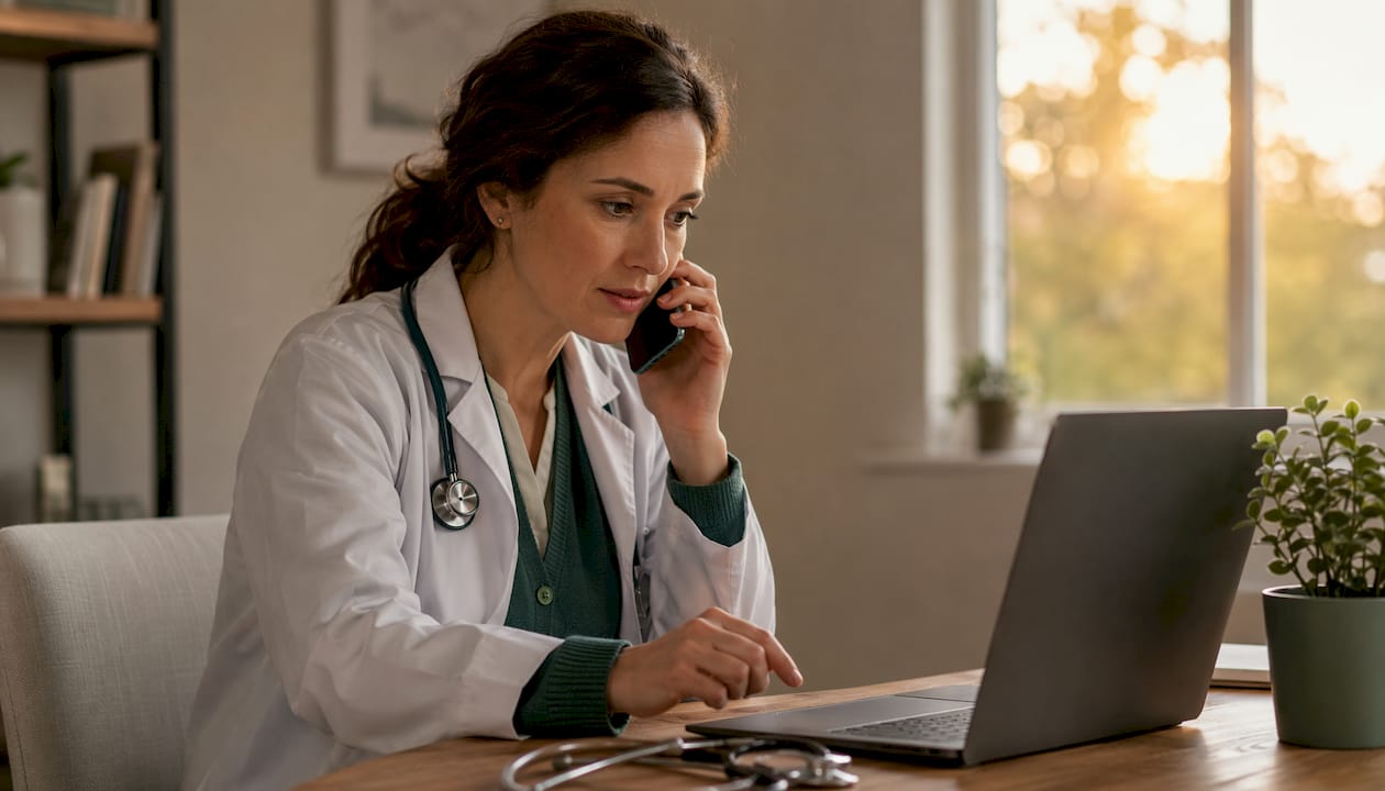 Doctor making telemedicine phone call in clinic office