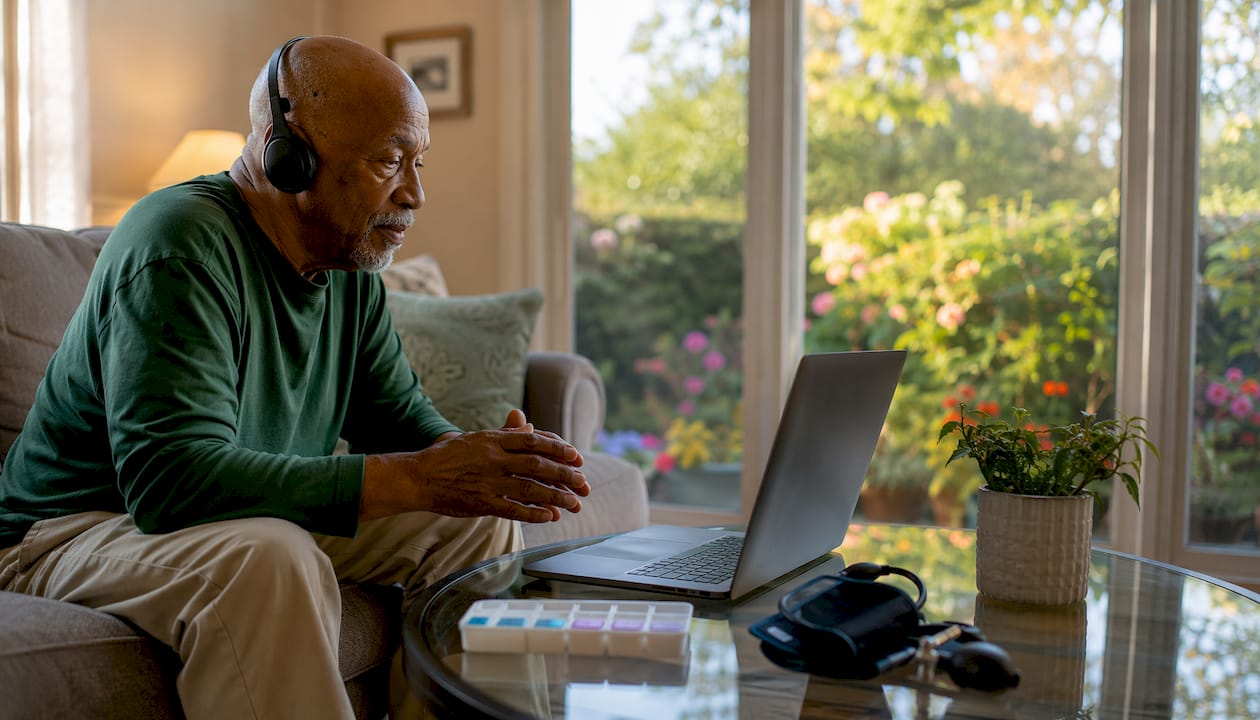 Elderly man using laptop for telemedicine visit at home