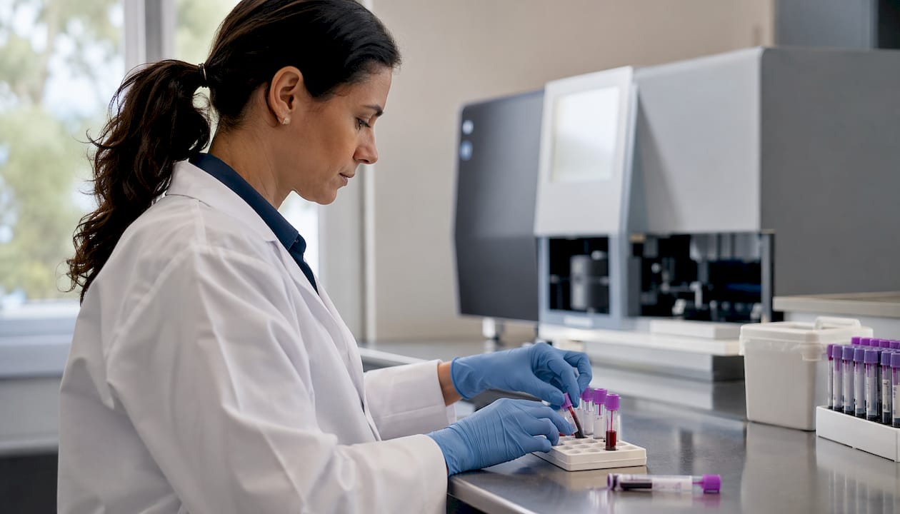 Lab technician handling blood samples for CBC test