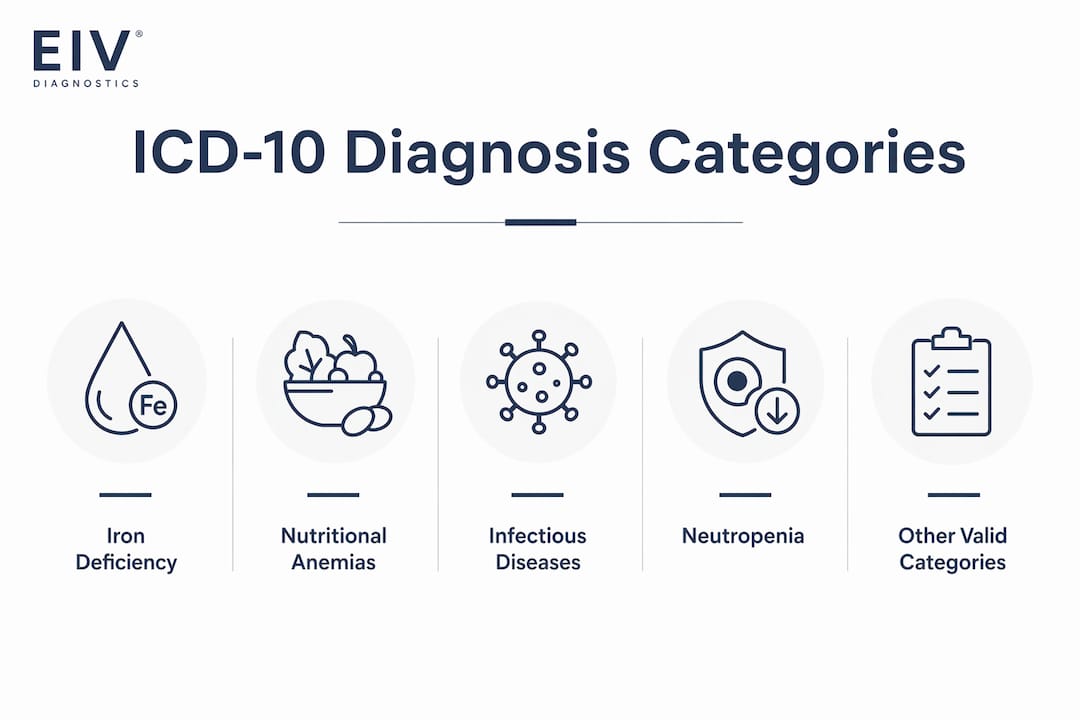 Infographic with ICD-10 diagnosis categories for Medicare coverage