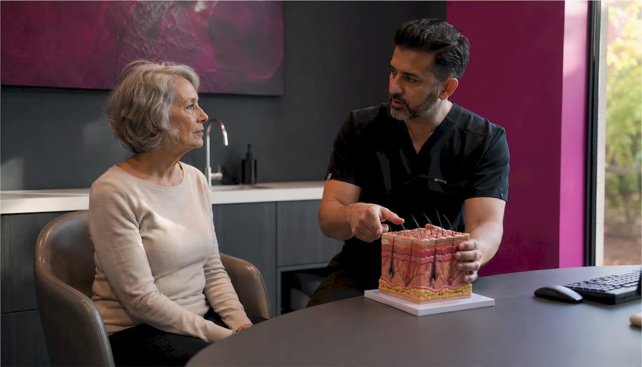 Doctor explaining actinic keratosis risks to patient