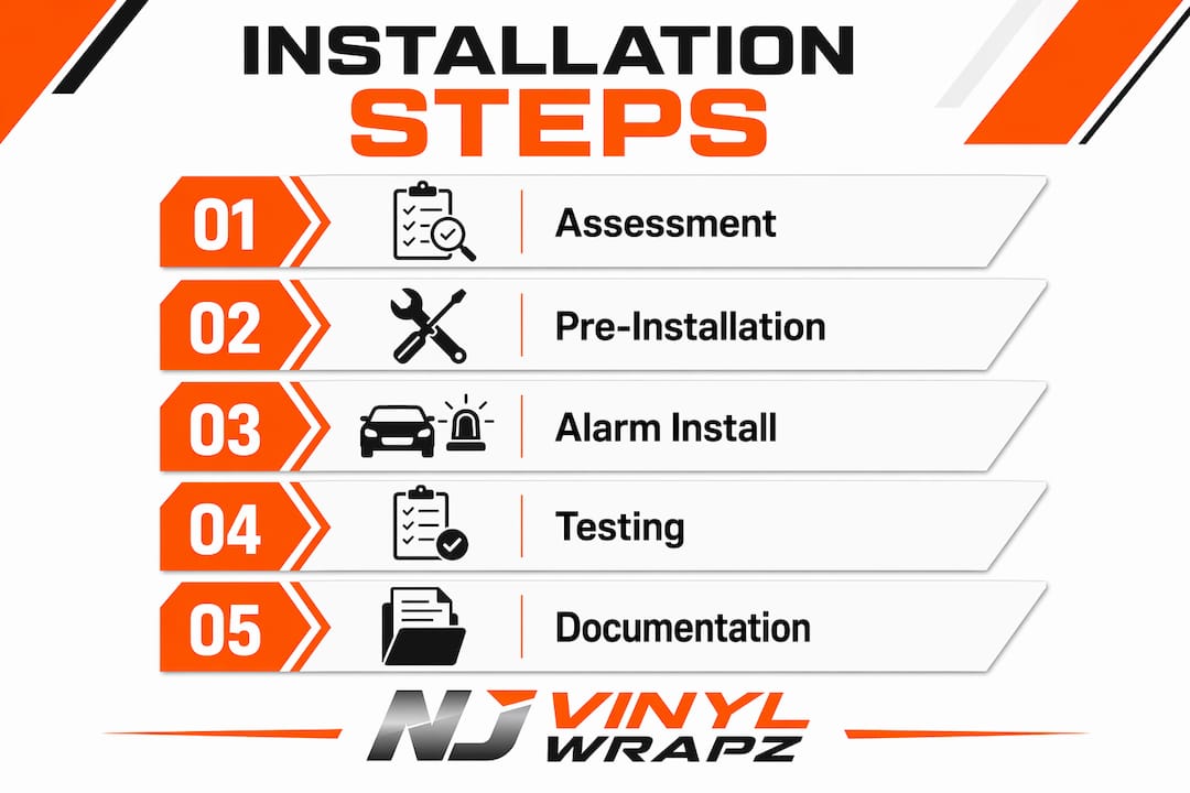 Infographic illustrating key car alarm installation steps