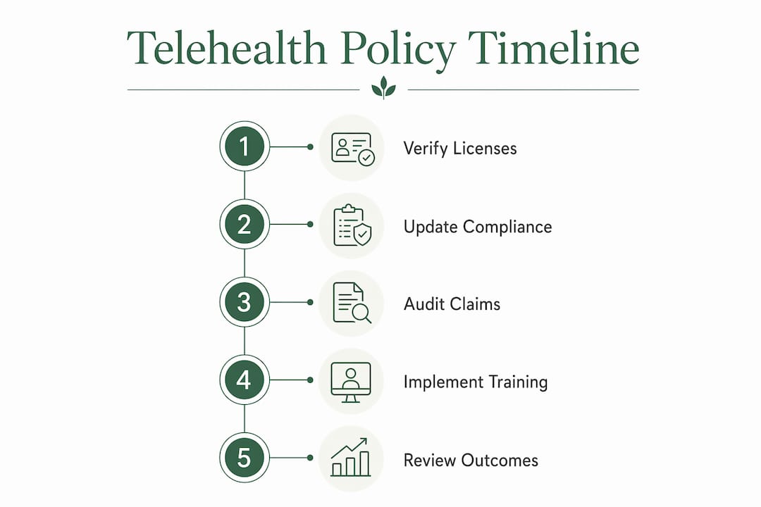 Infographic depicting telehealth compliance timeline steps in 2026