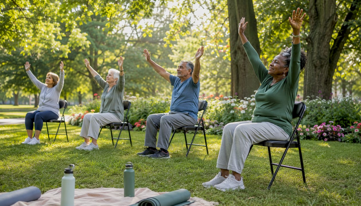 Seniors doing chair yoga in community center