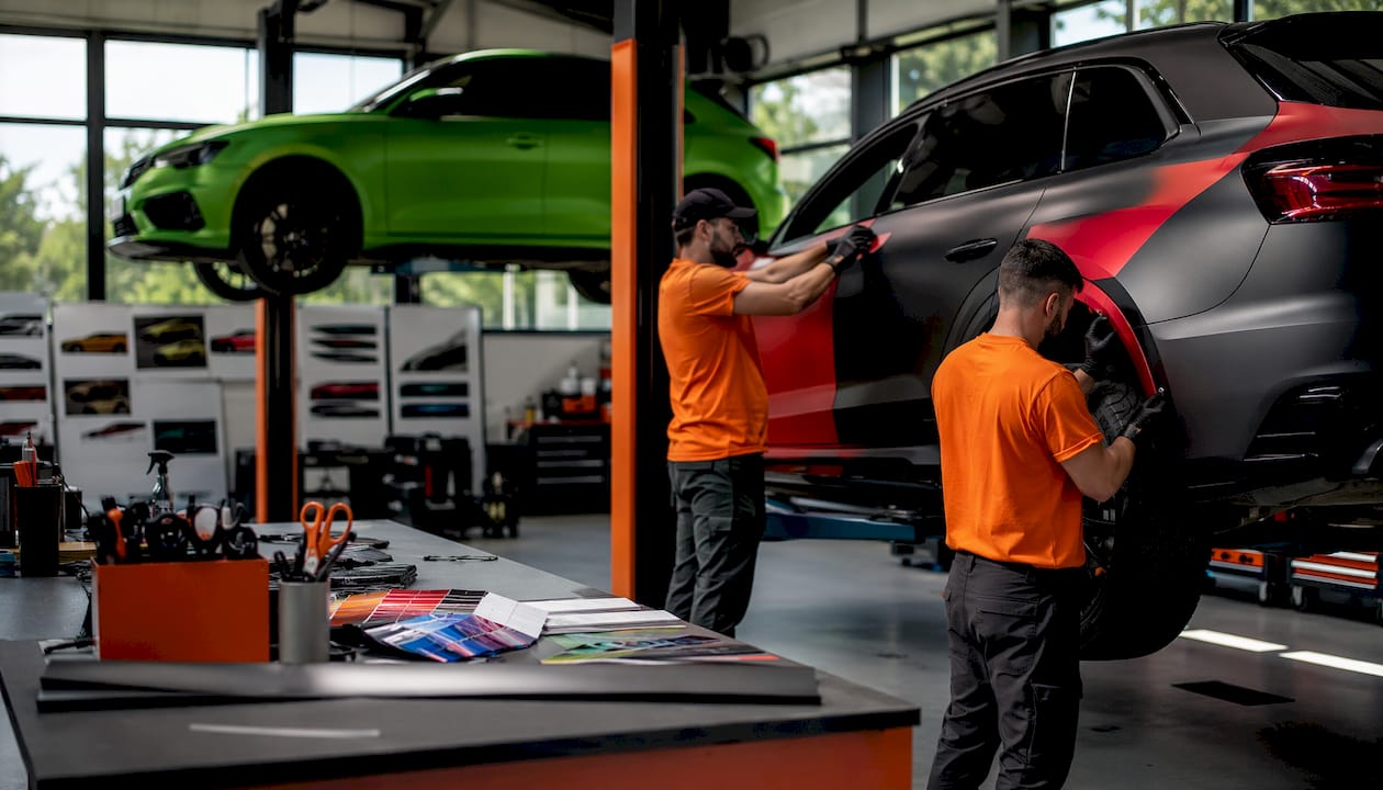 Overhead view comparing full and partial vehicle wraps