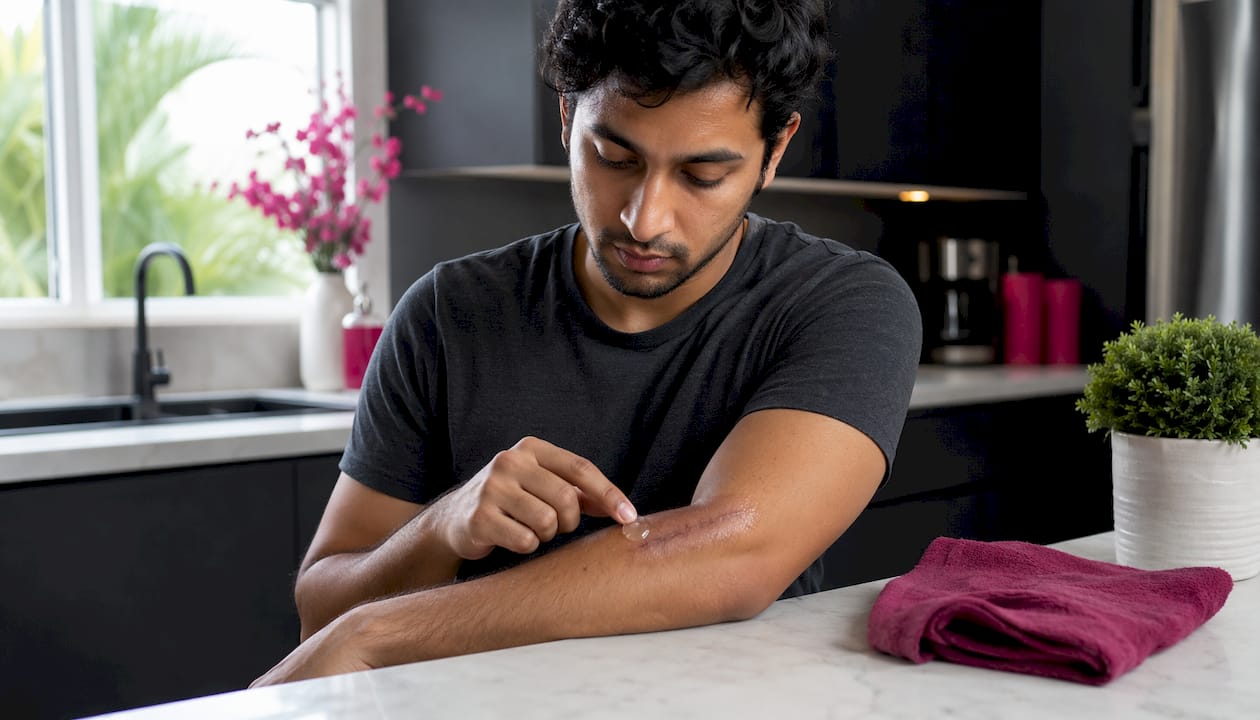 Hands applying silicone gel onto scarred forearm