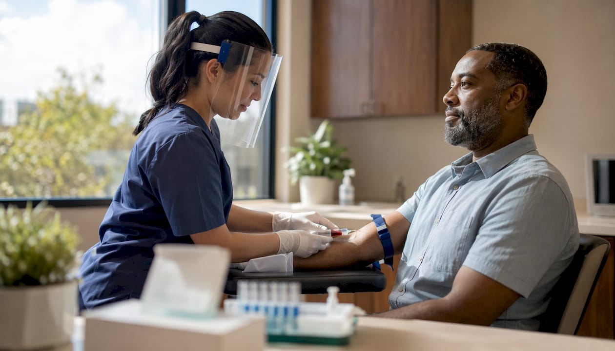 Phlebotomist collecting blood sample in clinical setting