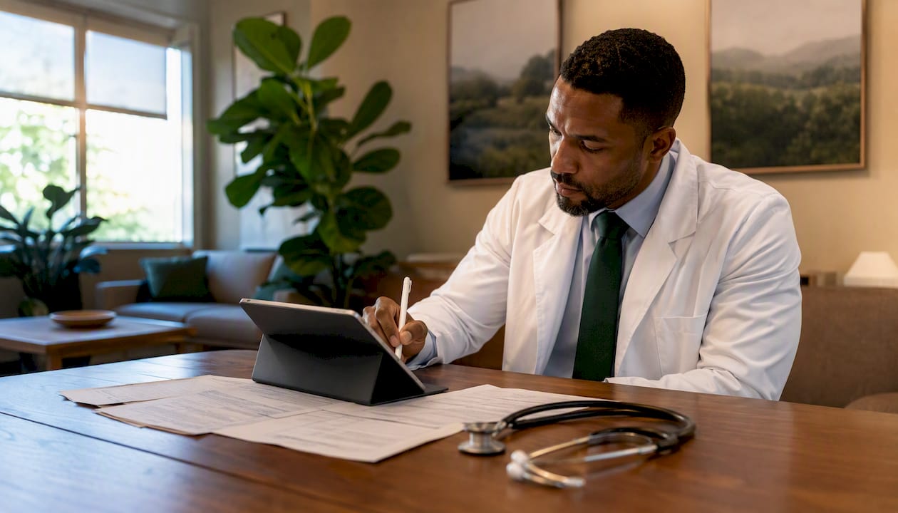 Primary care physician managing referral paperwork