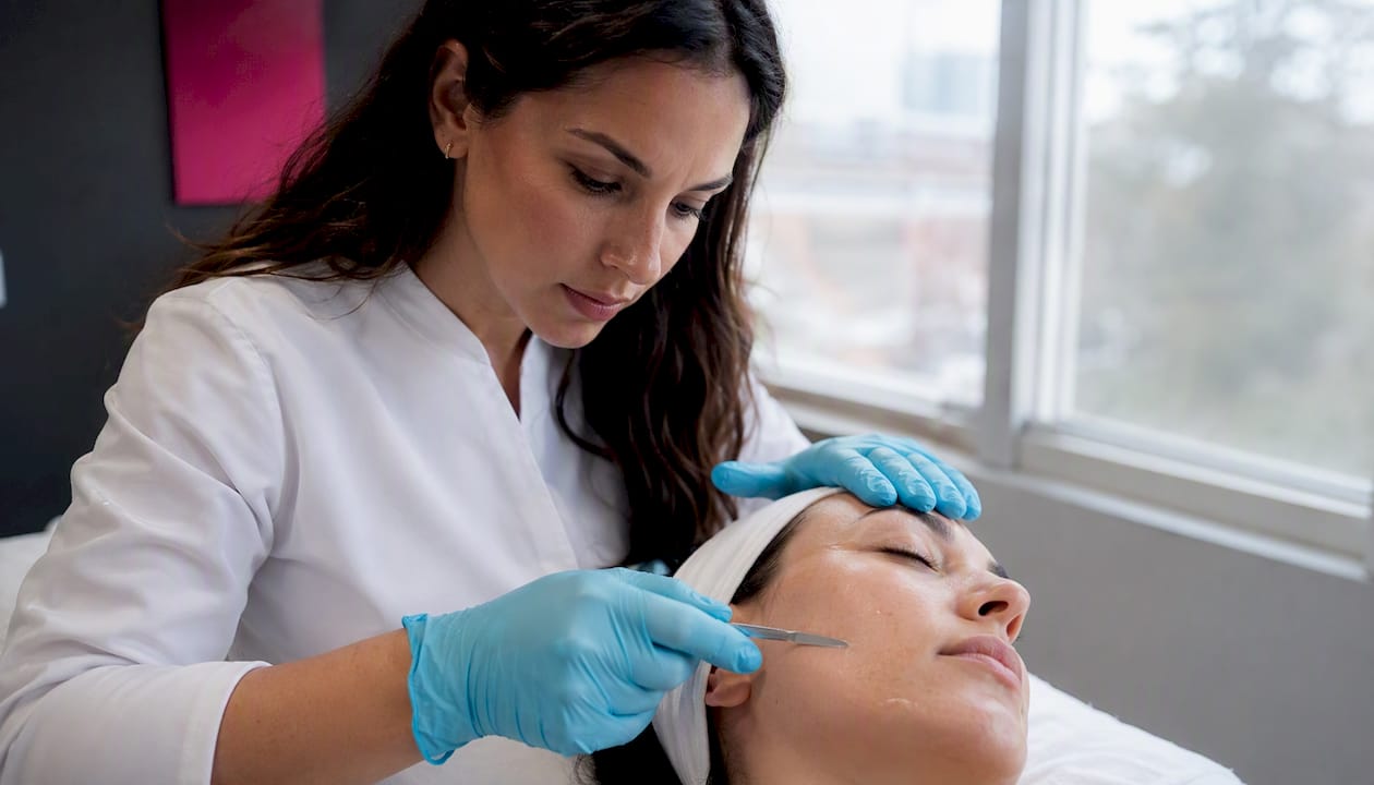 Esthetician performing dermaplaning on client