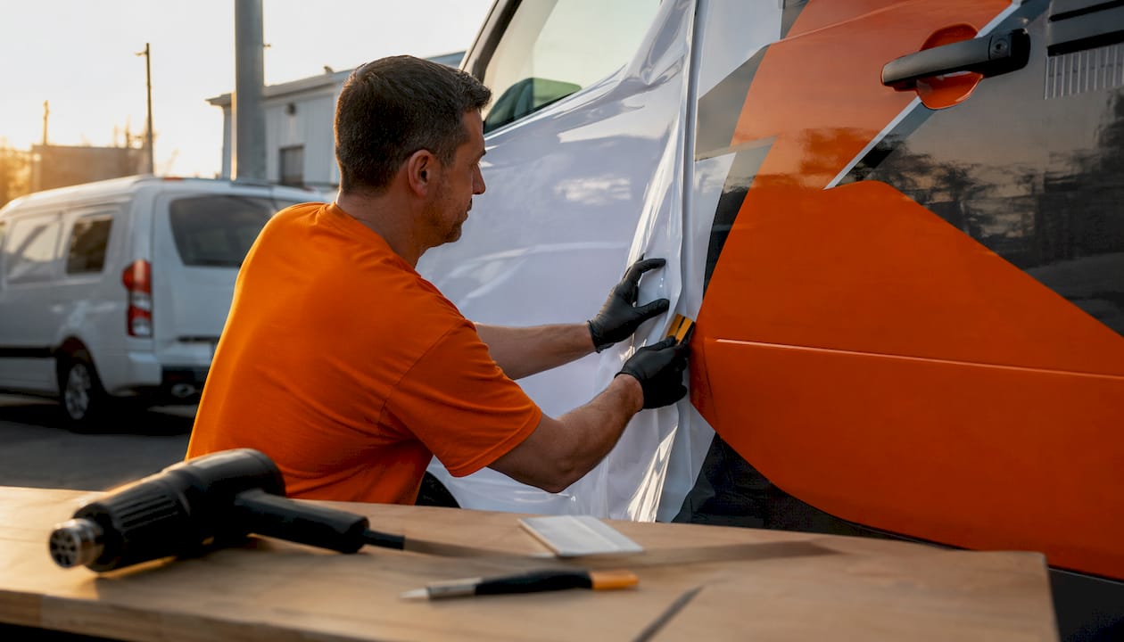 Installer smoothing vinyl wrap on vehicle edge
