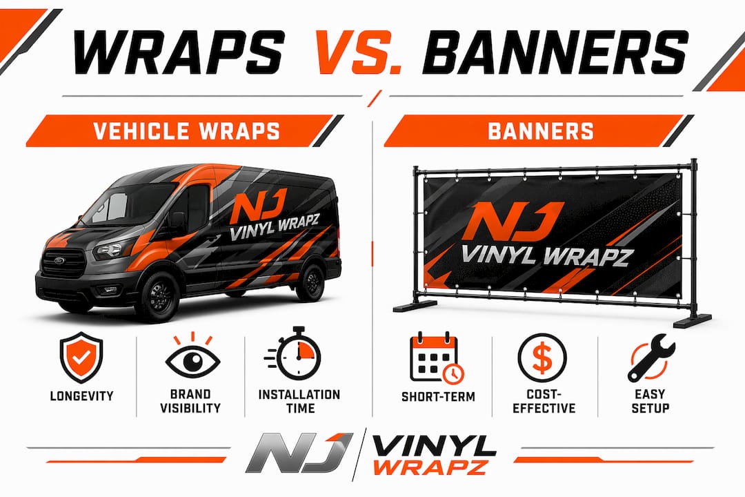 Infographic comparing vehicle wraps and banners features