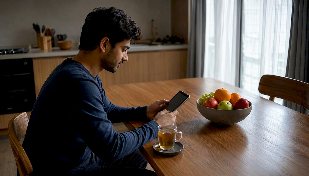 Man viewing lab results on tablet at home