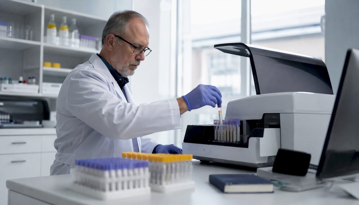 Lab technician loading samples into analyzer
