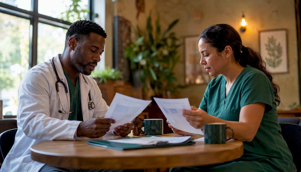 Doctor and nurse reviewing doctor ratings together