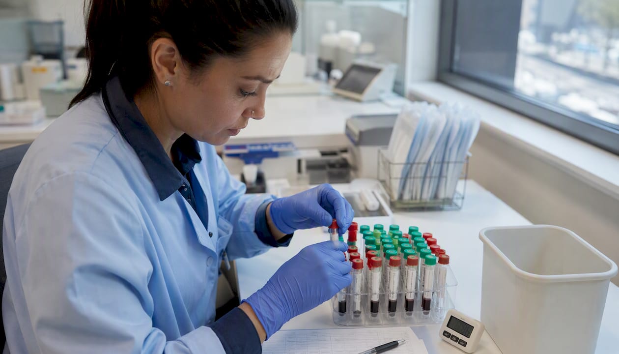Phlebotomist organizing serum and plasma tubes