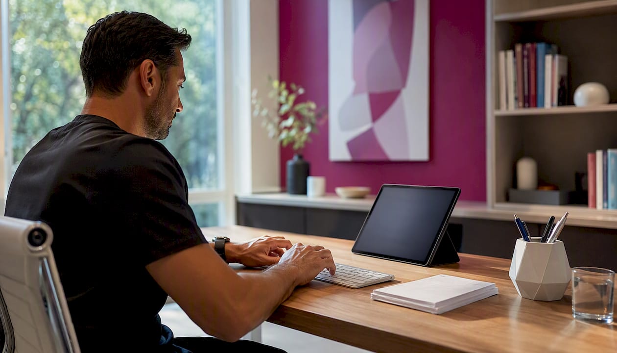Hands typing on keyboard near tablet for device software
