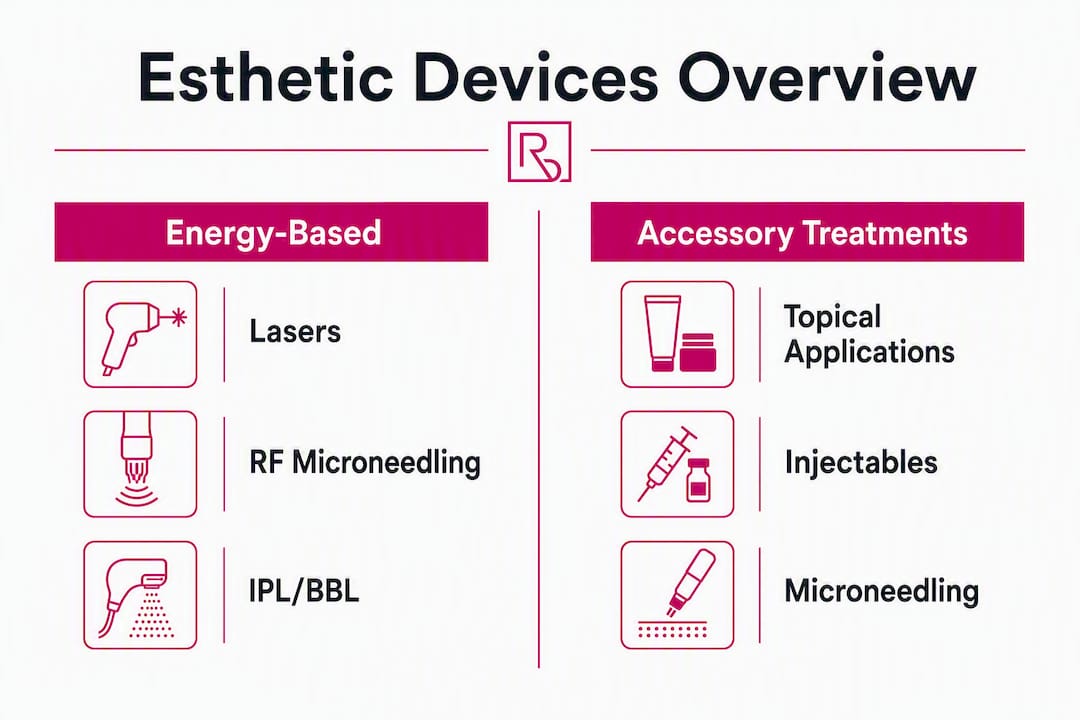 Infographic comparing esthetic device categories energy-based vs accessory