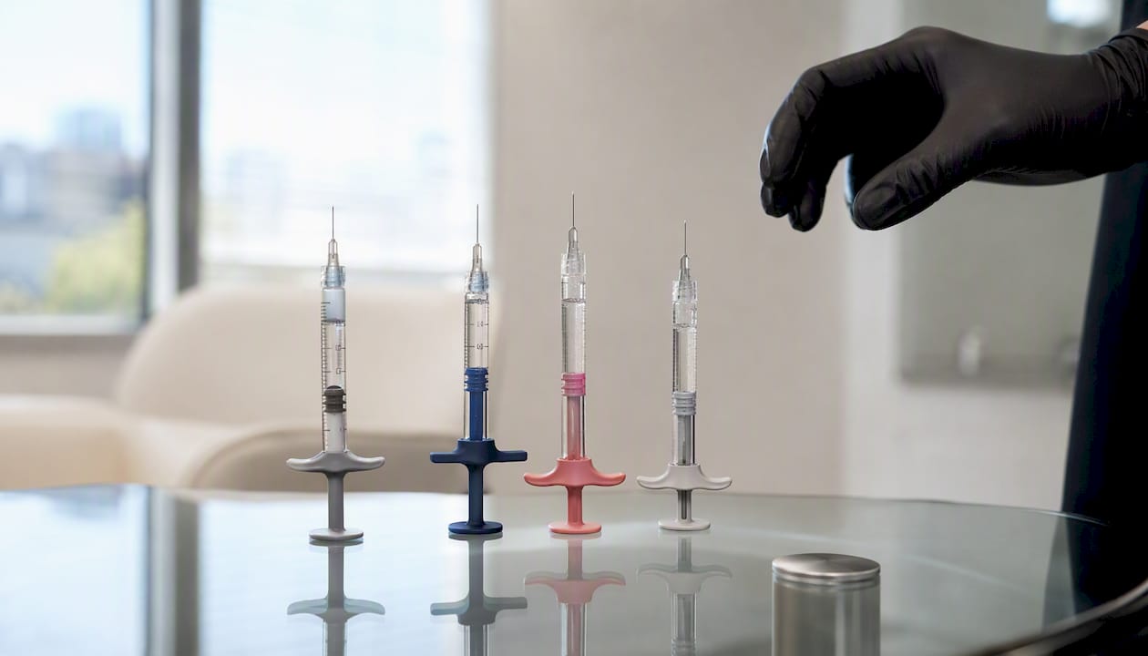 Close-up of branded dermal filler syringes