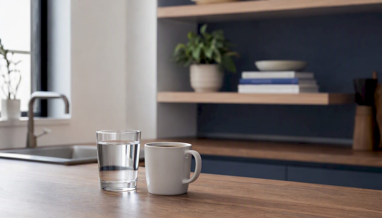 Water and black coffee on table in clinic waiting area