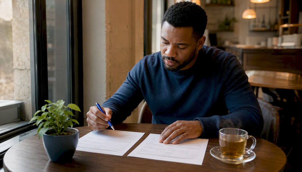 Man comparing fasting and nonfasting blood test forms