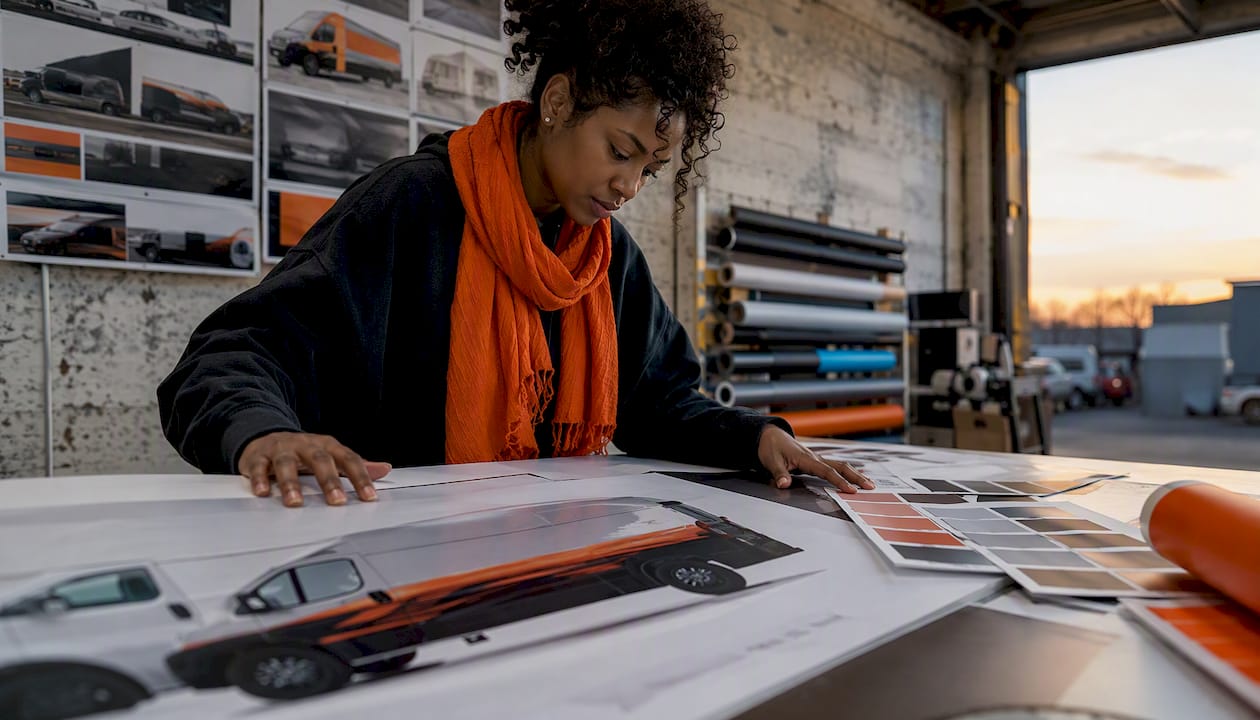 Graphic designer adjusting vehicle wrap mockup in studio