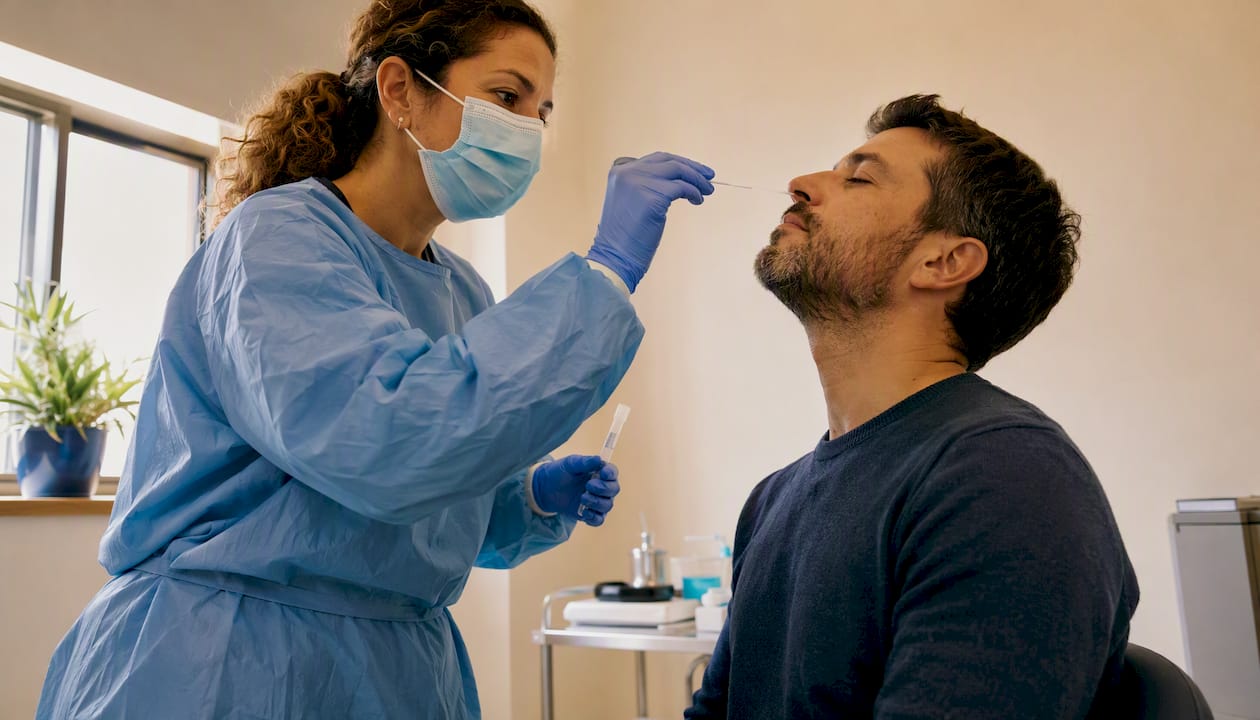 Patient receiving nasopharyngeal swab sample
