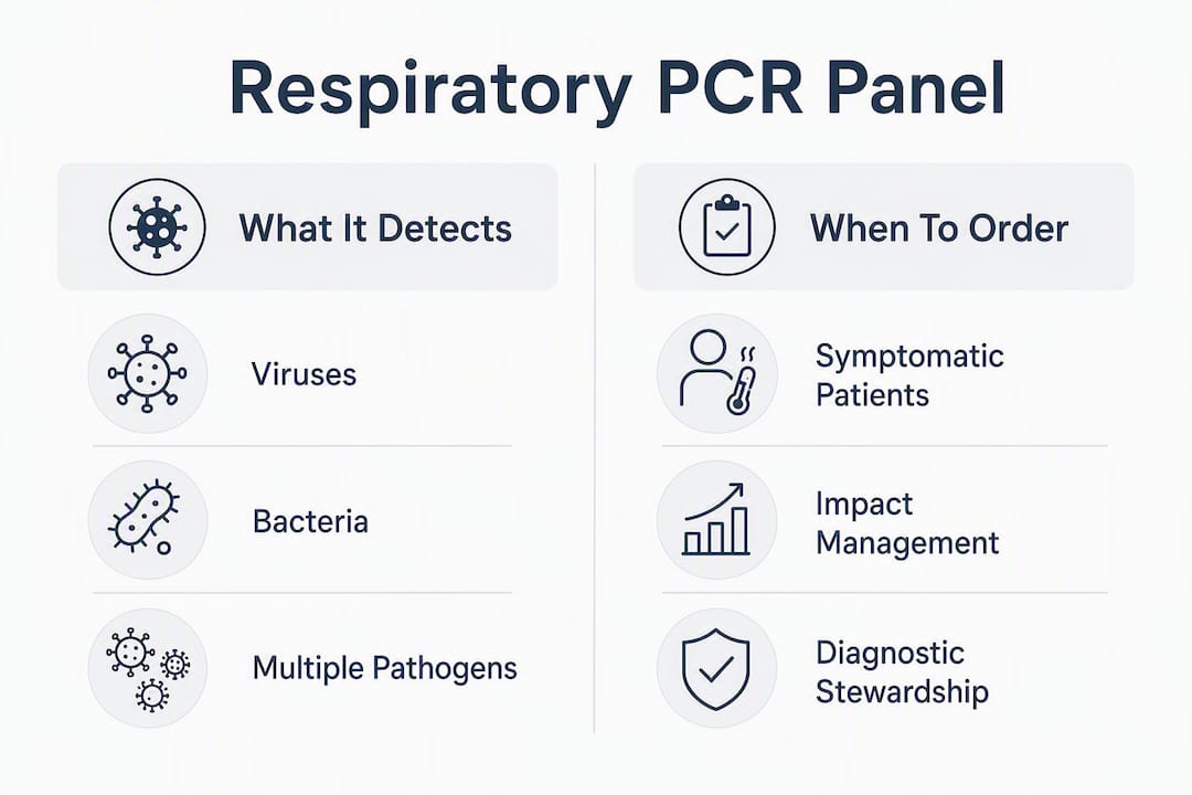 Infographic showing respiratory PCR panel detected pathogens and ordering indications