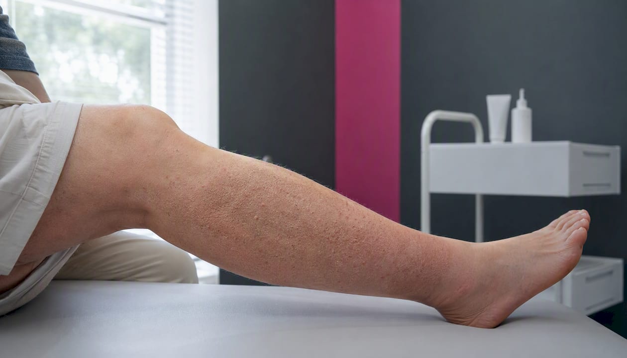 Close-up of keratosis bumps on leg skin