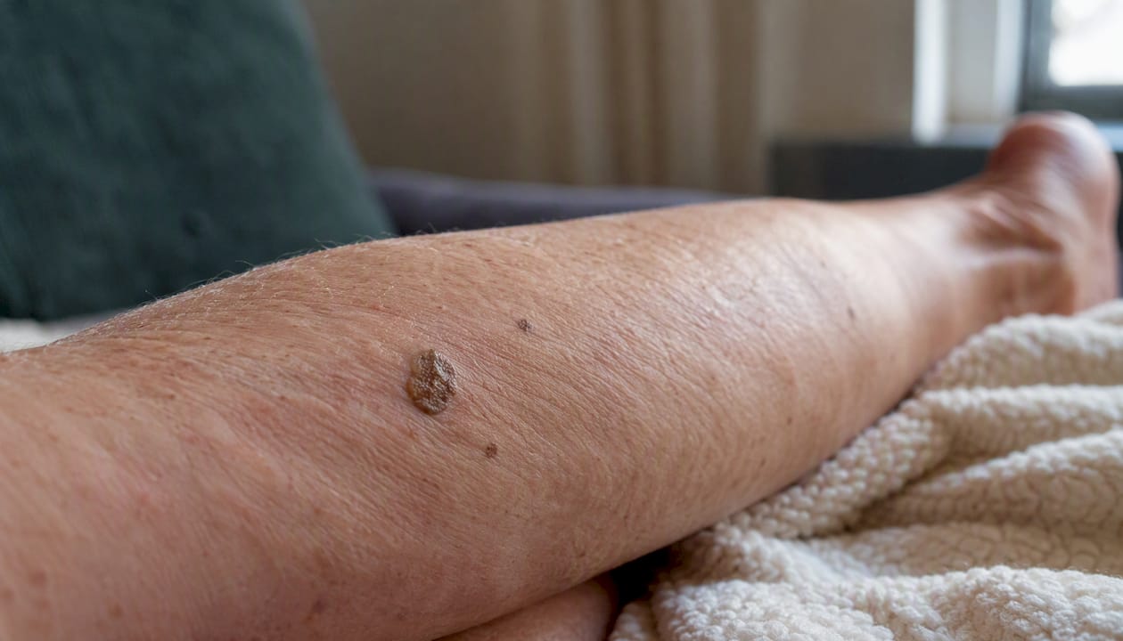 Close-up of seborrheic keratosis lesion on leg