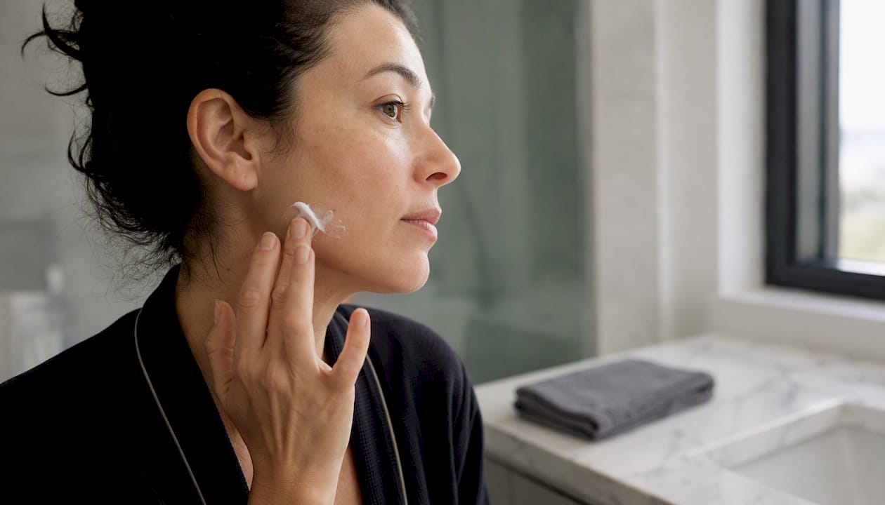 Patient applying imiquimod cream to face
