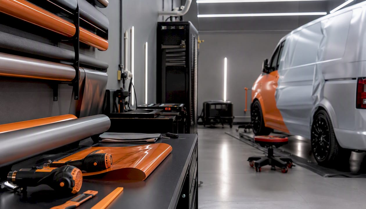 Climate-controlled vehicle wrap workshop interior
