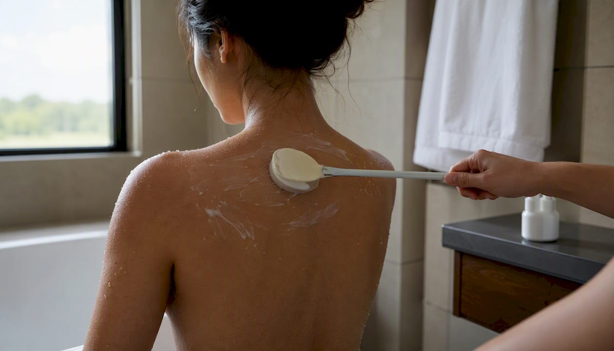 Hands applying acne treatment on upper back