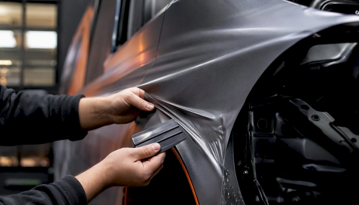 Partial vinyl wrap being applied on van door