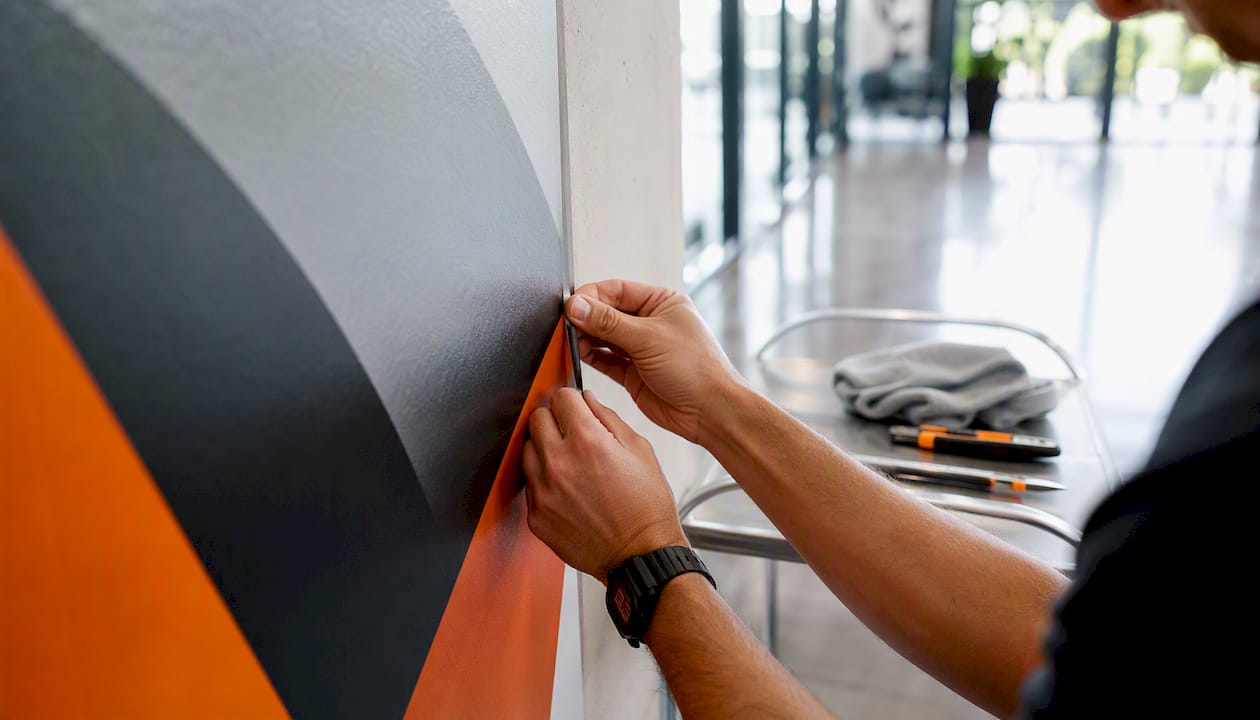 Installer aligning vinyl decal on office wall