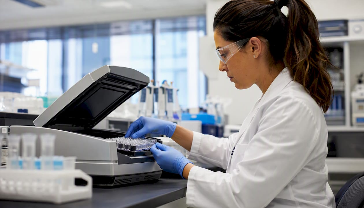 Technician loading samples into PCR machine