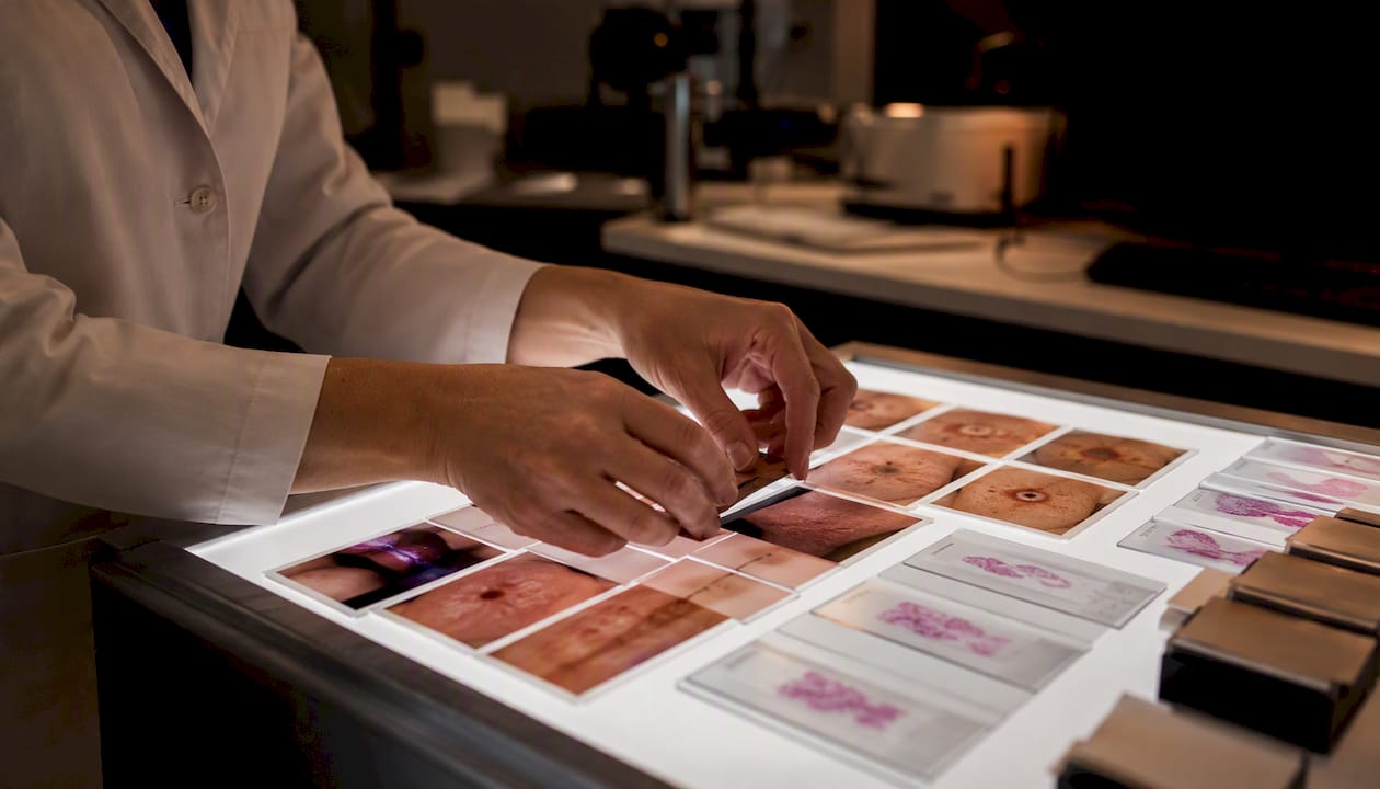 Dermatologist's hands sorting clinical photos for insurance