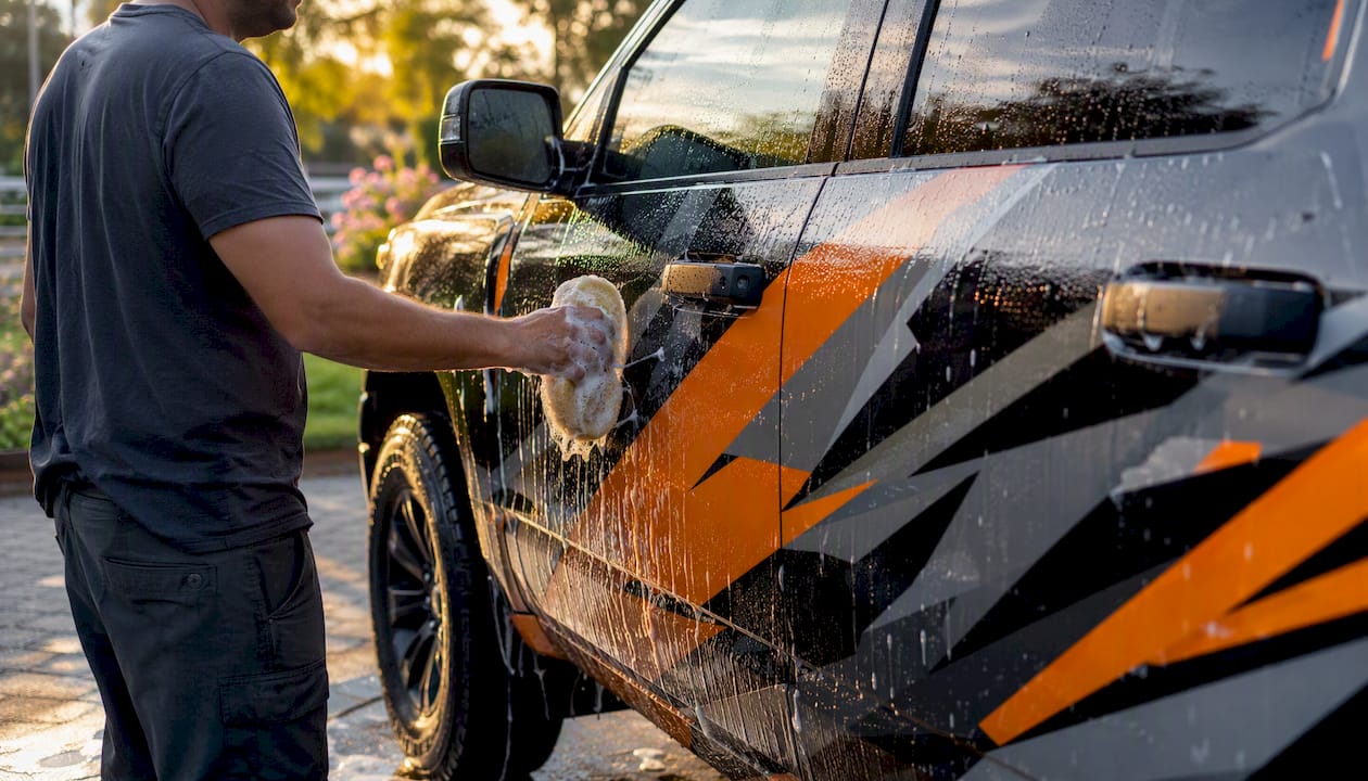 Hand washing wrapped pickup truck side