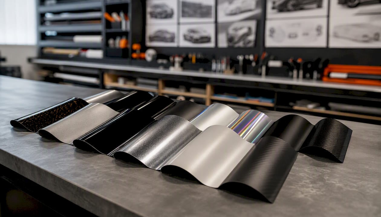 Various vinyl wrap finish samples on workstation