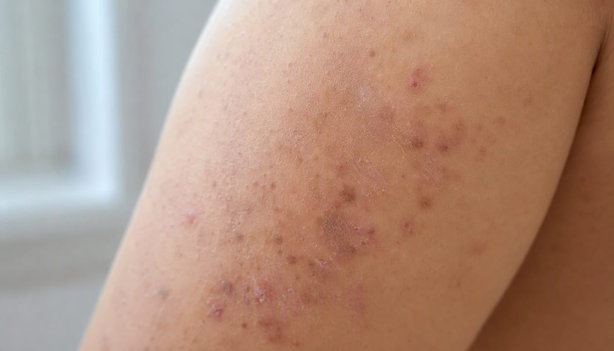 Inflamed skin with acne and eczema pigmentation