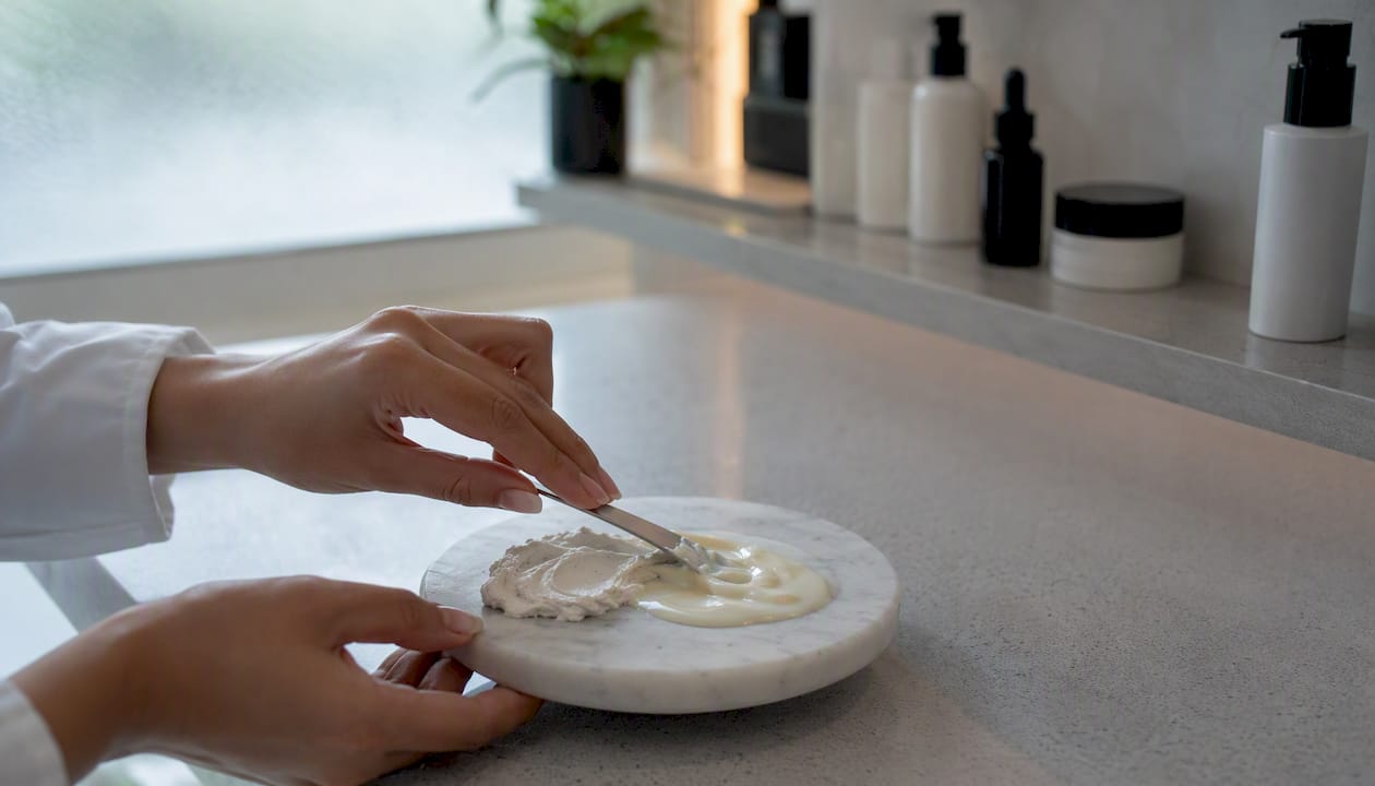 Hands mixing mineral and chemical sunscreen creams
