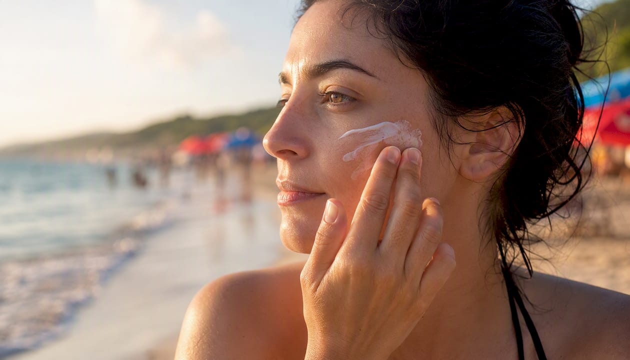 Person applying sunscreen on face outdoors