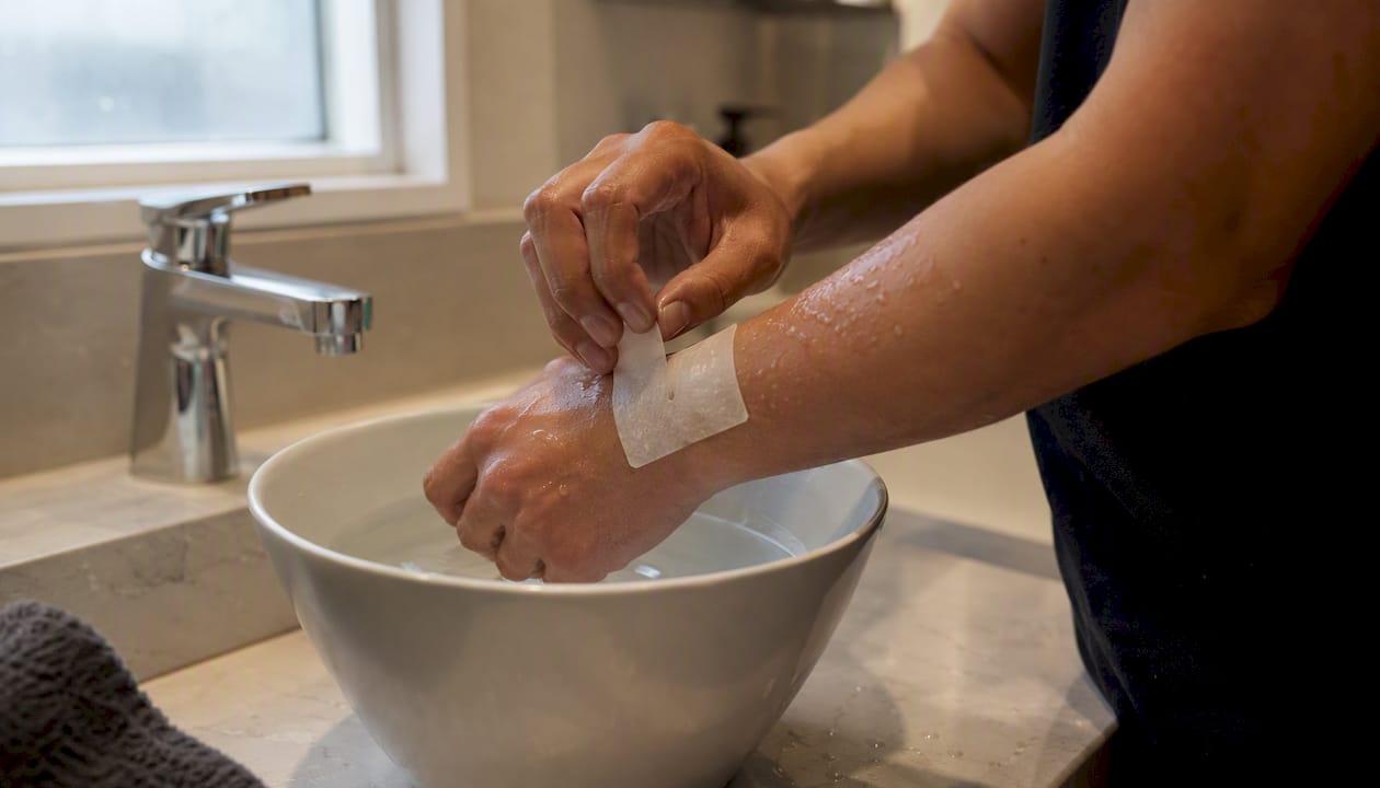 Hands soaking biopsy dressing with water