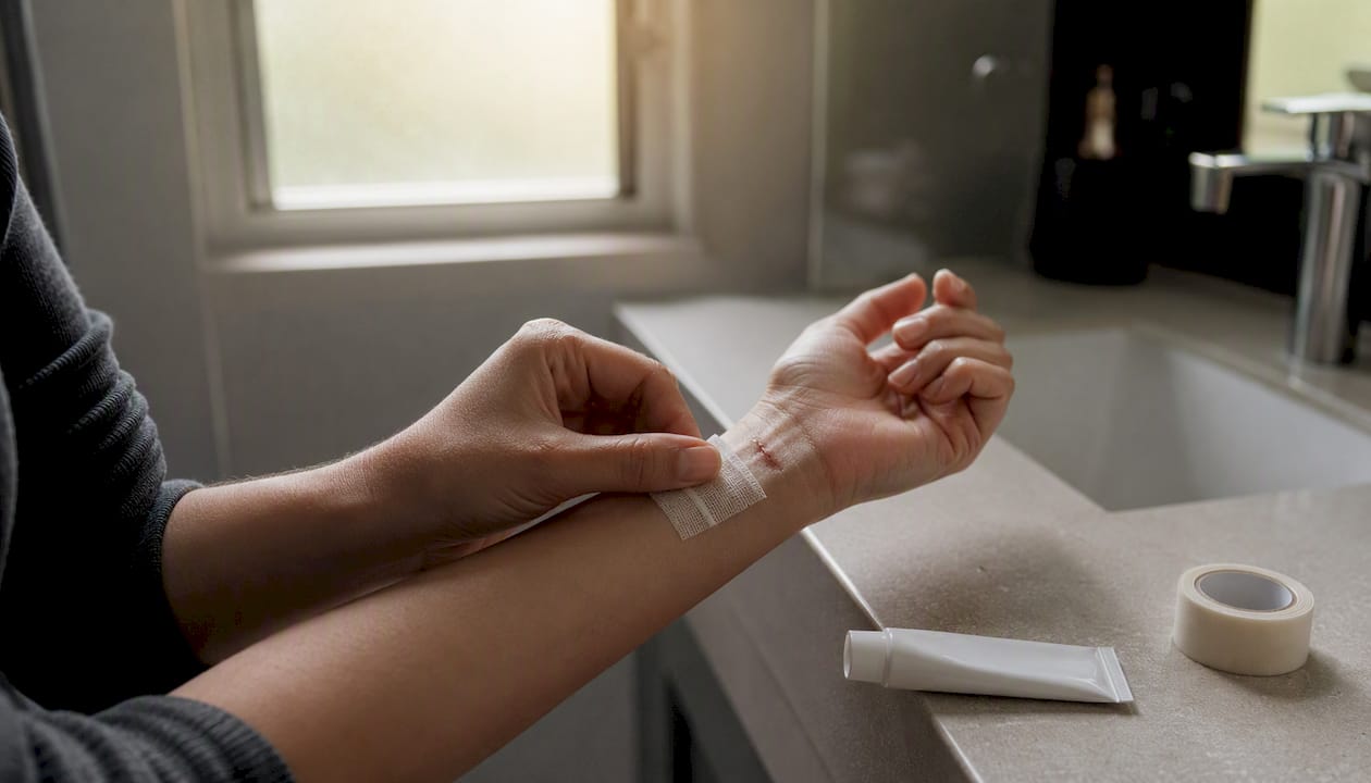 Hands applying bandage on healing biopsy wound