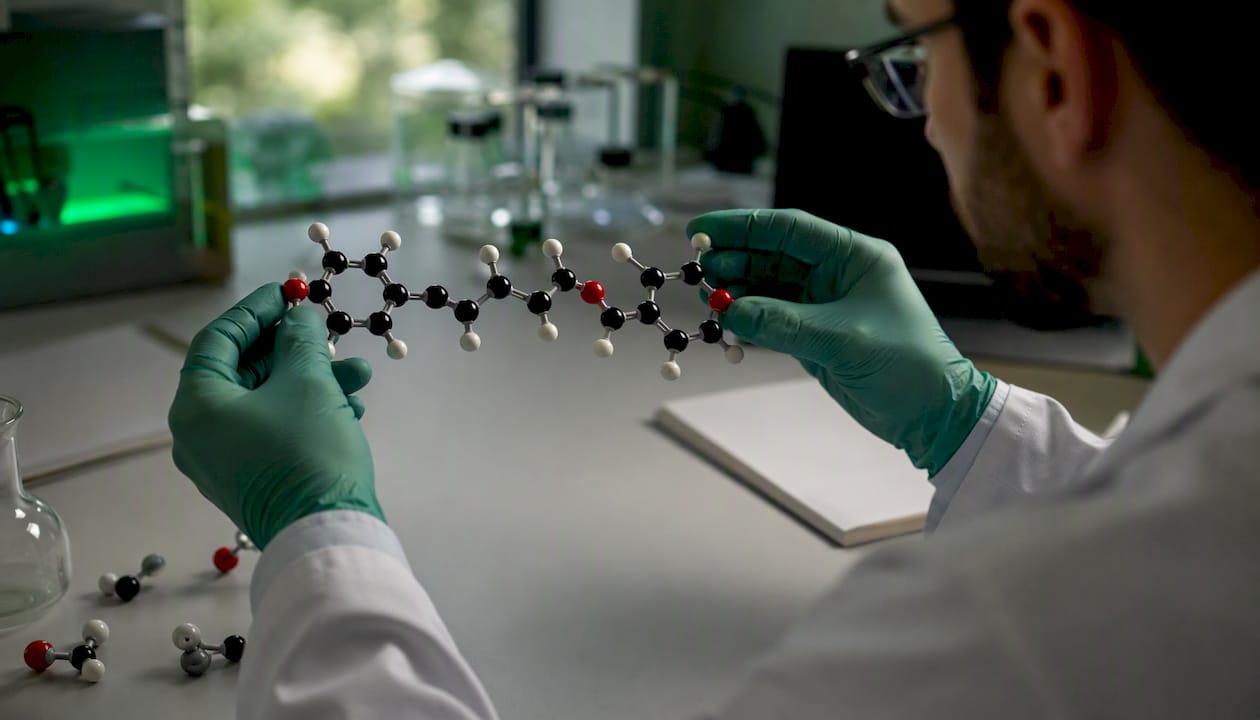 Scientist handling molecular model in lab