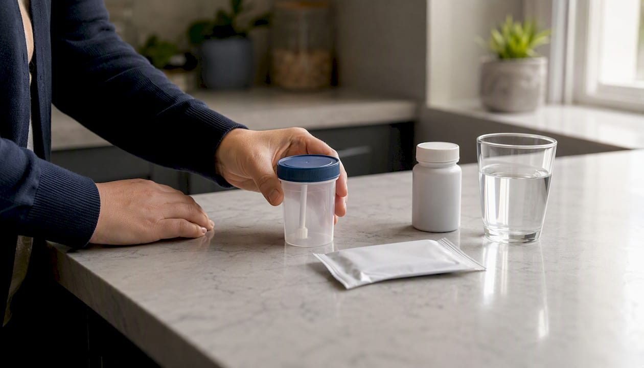 Hands placing stool collection container at home