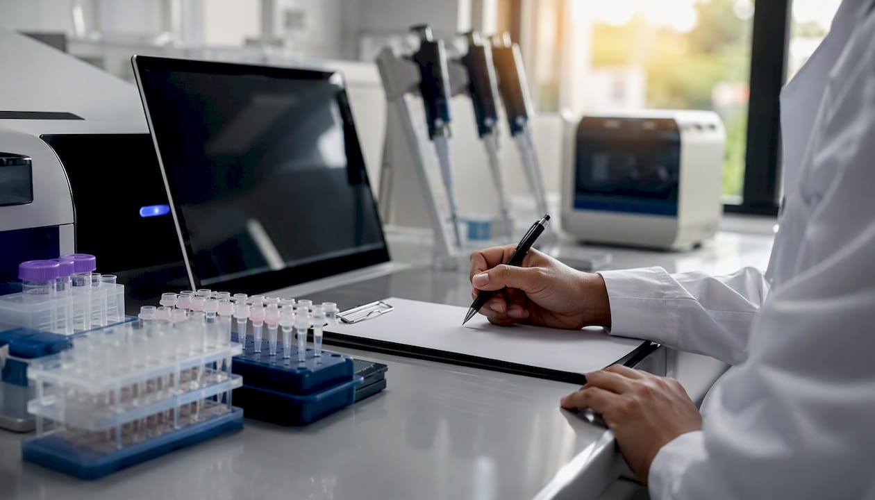 Hands poised to interpret PCR results in clinical lab